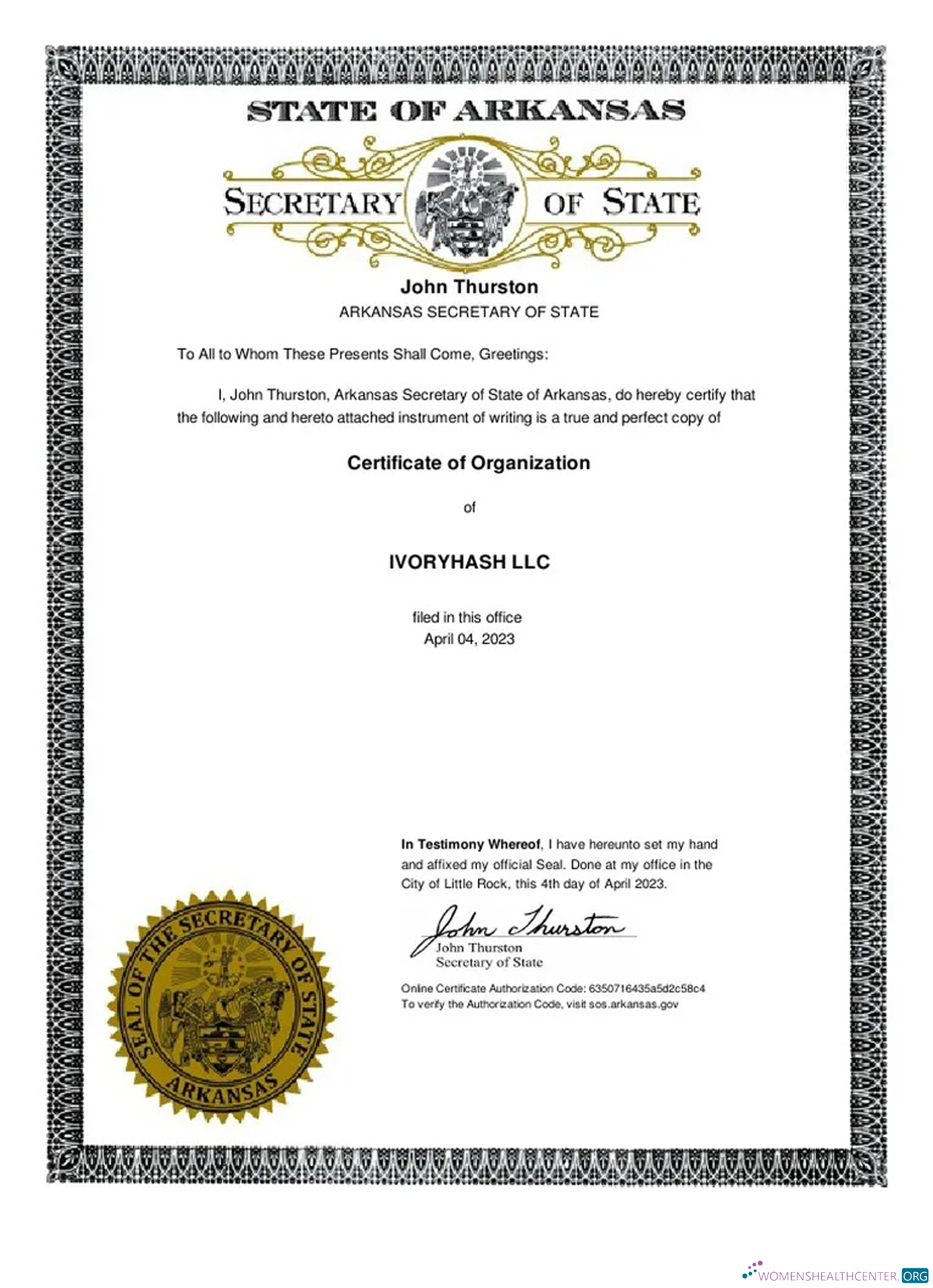 Download USA Arkanas company certificate of organization Photoshop template